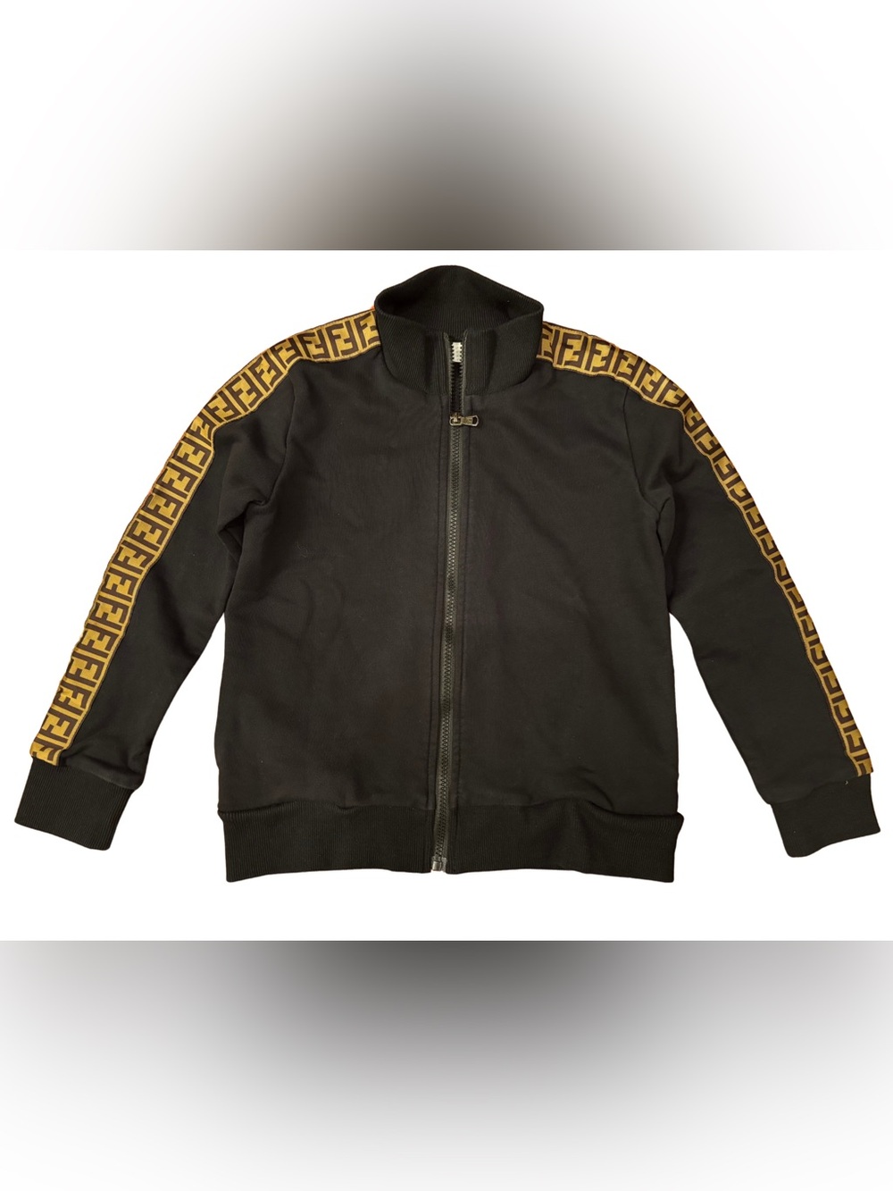 Fendi Black Kids Zip-Up Jacket with Brown Logo Shoulder Trim